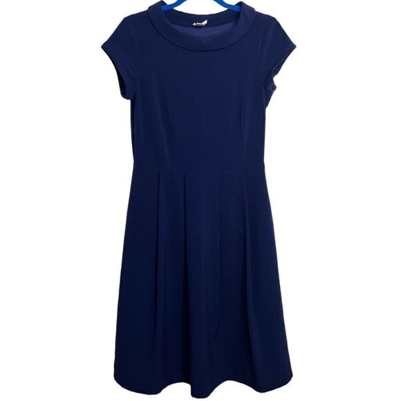 Down East Basics Short Sleeve Collared Pleated Midi Dress Navy Blue Size Large - Picture 1 of 5